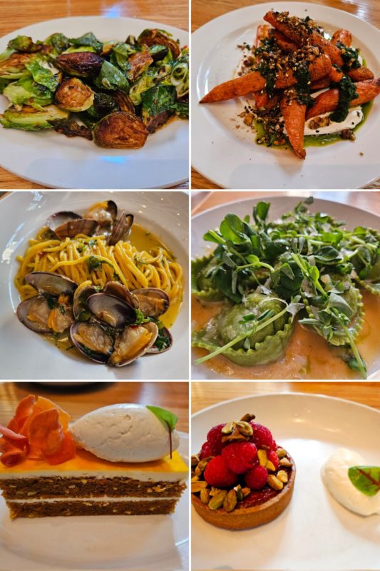 Nightingale dishes: Brussels sprouts, carrots, spaghetti, tortellini, carrot cake, raspberry almond tart.